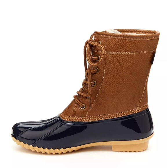 NIB JBU Water-Resistant Faux Leather Lace-Up Duck Boots Navy Blue Brown 8 - Picture 2 of 6